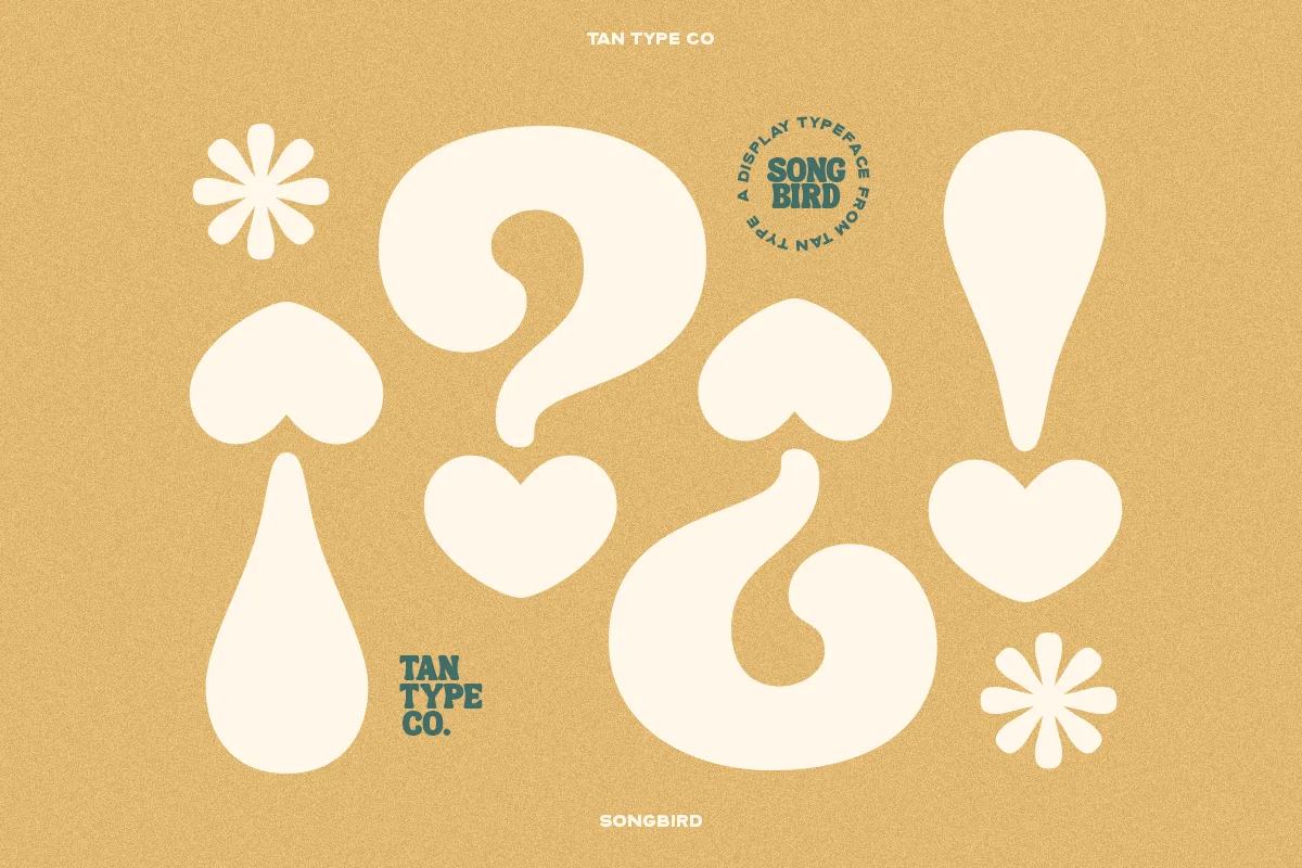 Tan Songbird font alphabet, numbers and glyphs
